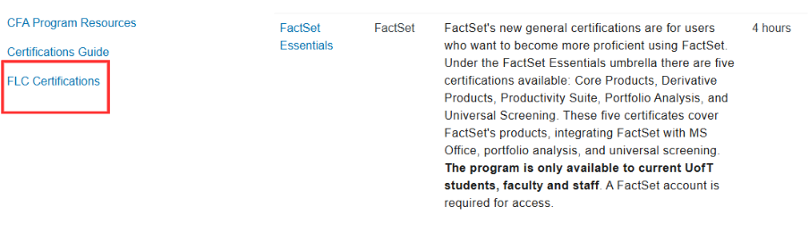 Screenshot of the FactSet Essentials entry on the FLC Certifications Guide page